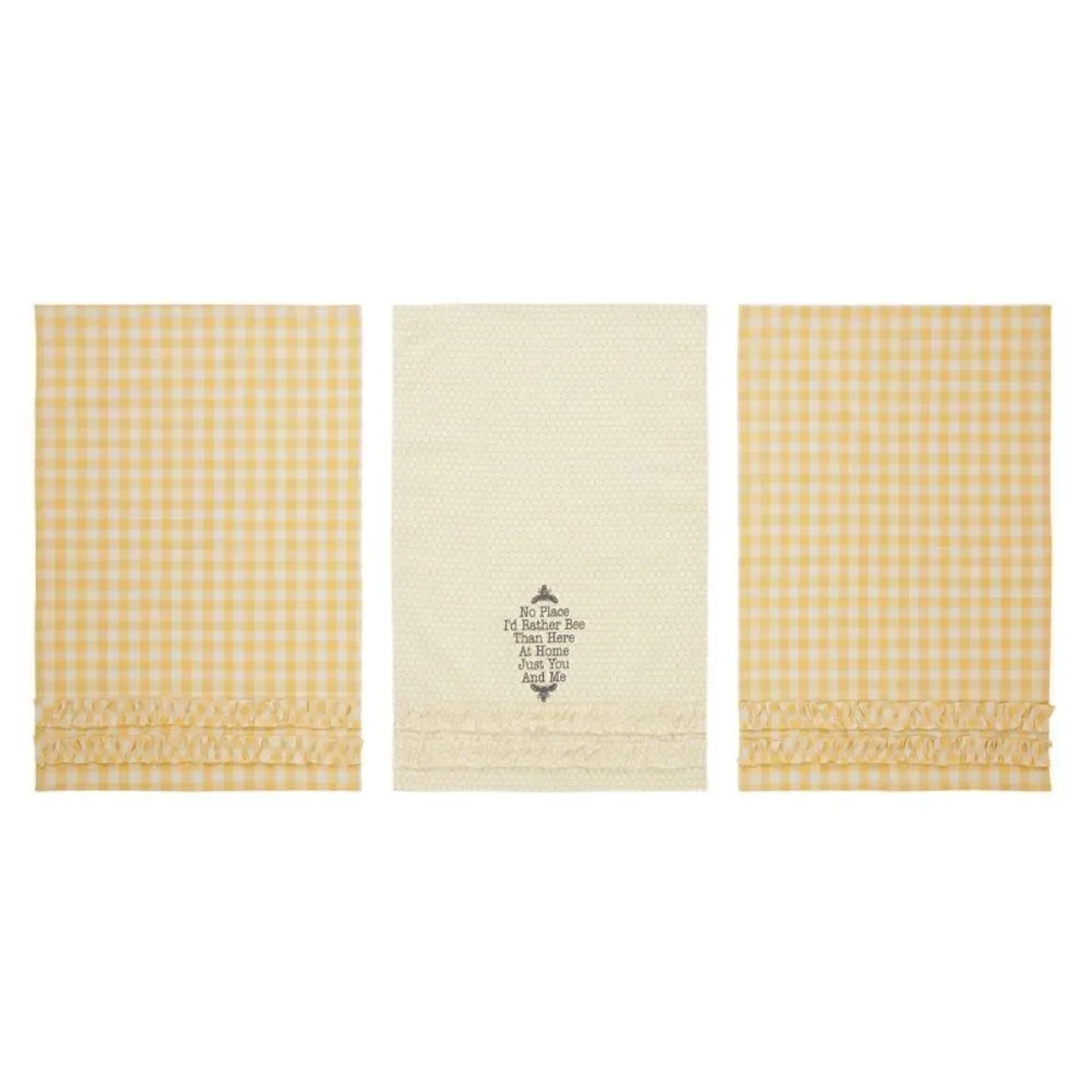 Honey Bee Cotton Ruffled Tea Towel Set of 3 Farmhouse Sunny Yellow Plaid